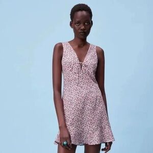 Zara pink floral linen blend mini dress with front tie